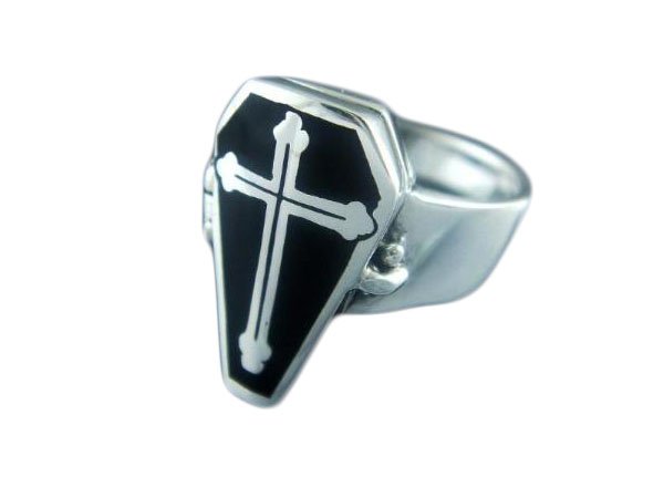 925 Sterling Silver Poison Can Open Coffin Gothic Cross Black Enamel Ring