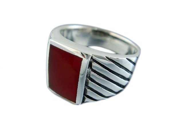 925 Sterling Silver Mens Rectangle Carnelian Engraved Sides Ring 12 gr