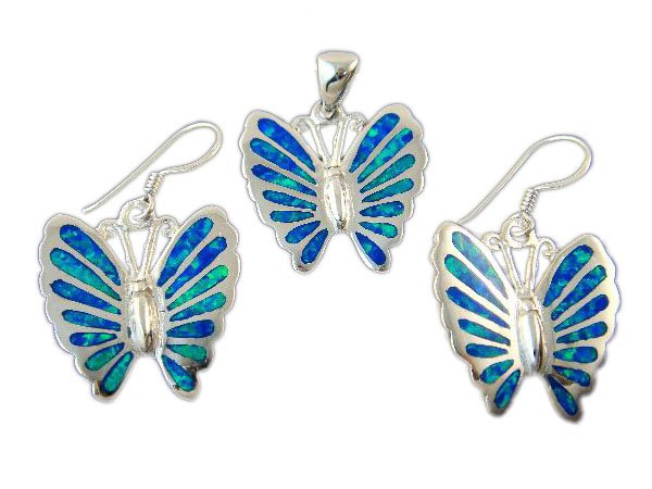 925 Sterling Silver Earrings Pendant Set Hawaiian Opal Butterfly