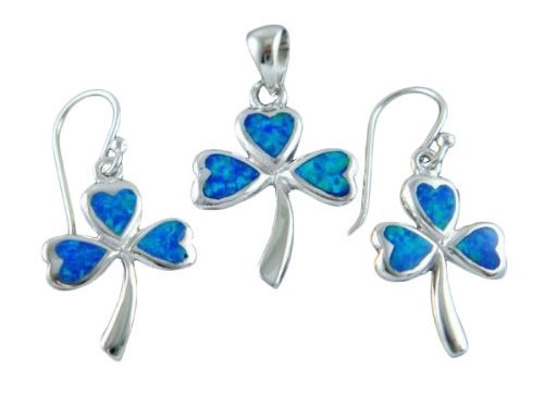 925 Sterling Silver Hawaiian Blue Opal Celtic Shamrock Pendant Earrings Set