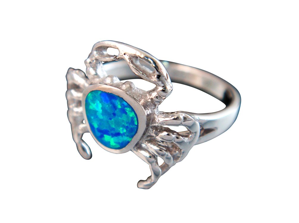 925 Sterling Silver Hawaiian Blue Fire Inlay Opal Sea Crab Ring