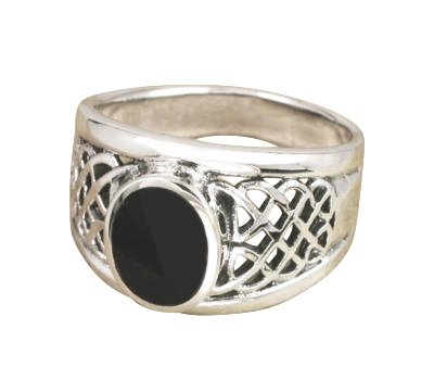 925 Sterling Silver Mens Oval Black Onyx Inlay Celtic Woven Mesh Knot Ring