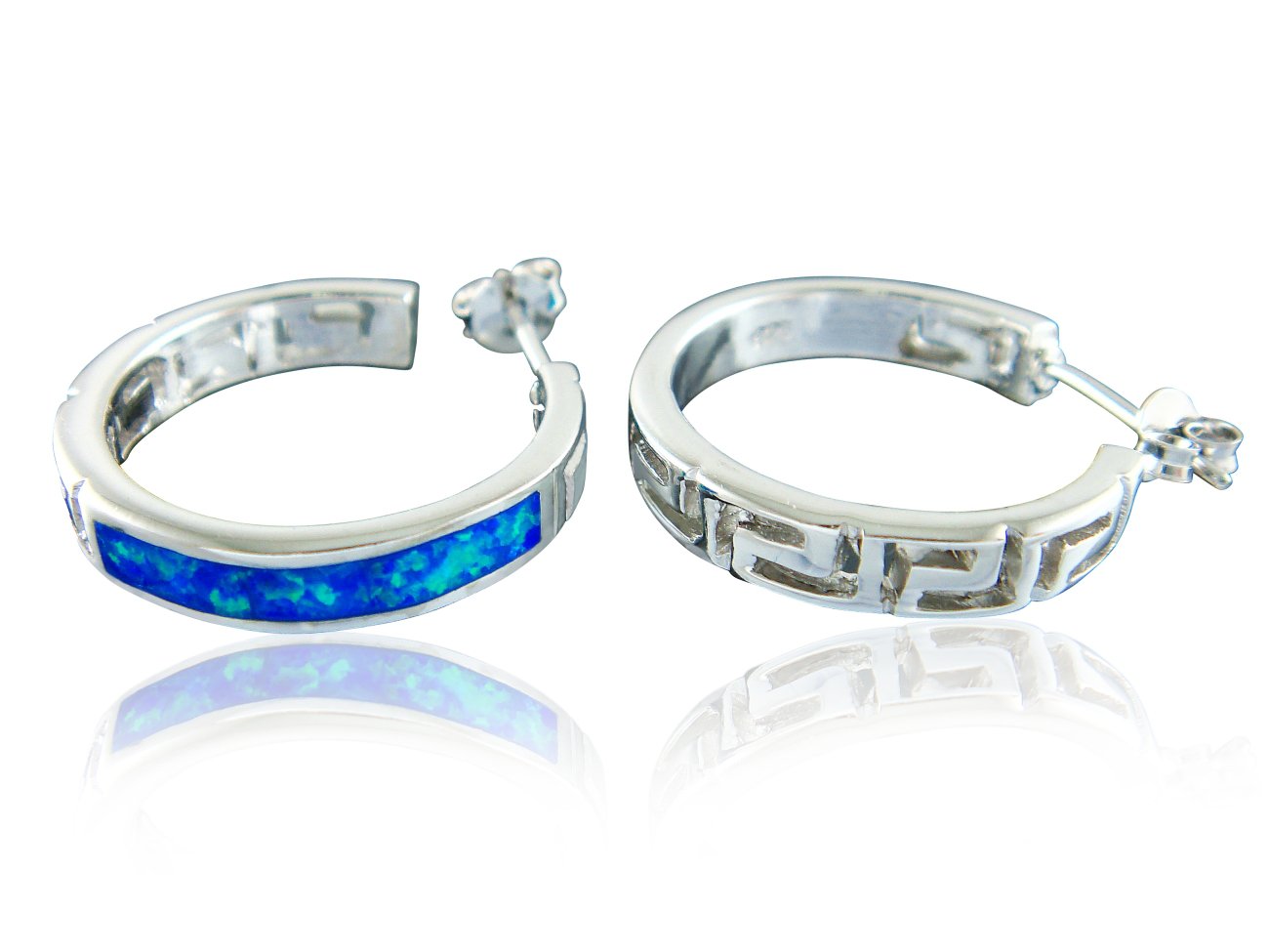 925 Sterling Silver Hawaiian Blue Opal Greek Key Meander Meandros Stud Earrings Set