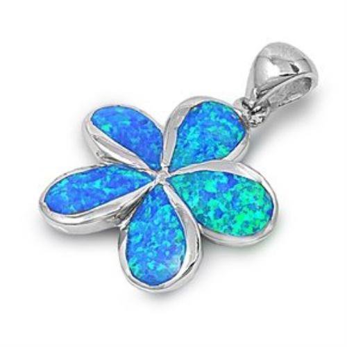 925 Sterling Silver Pendant Hawaiian Blue Opal Plumeria Flower