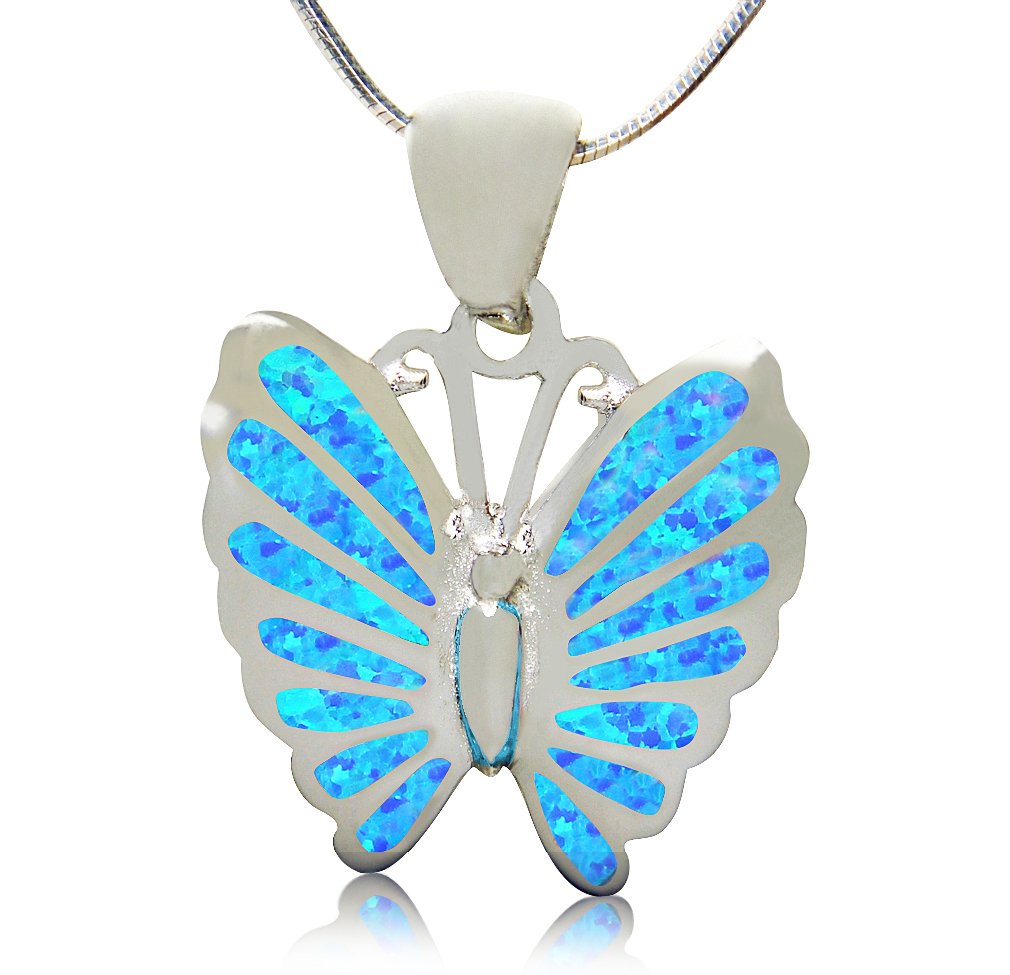925 Sterling Silver Hawaiian Blue Inlay Fire Opal Lovely Butterfly Charm Pendant