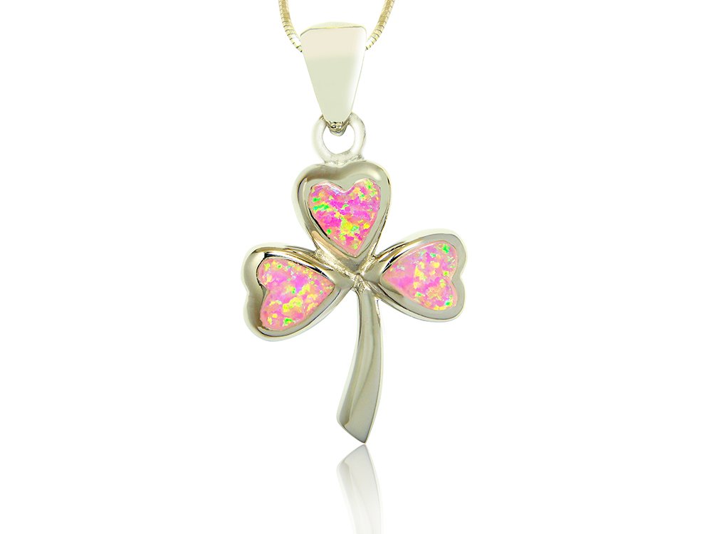 925 Sterling Silver Pink Fire Opal Lucky Celtic Irish Clover Shamrock Charm Pendant