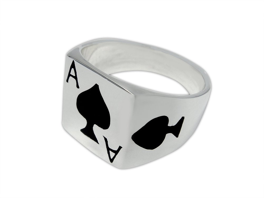 925 Sterling Silver Men's Ace of Spades Poker Card Game Las Vegas Lucky Ring