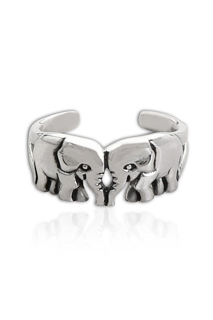 925 Sterling Silver Twin Elephants Oxidized Adjustable Pinky Toe Ring