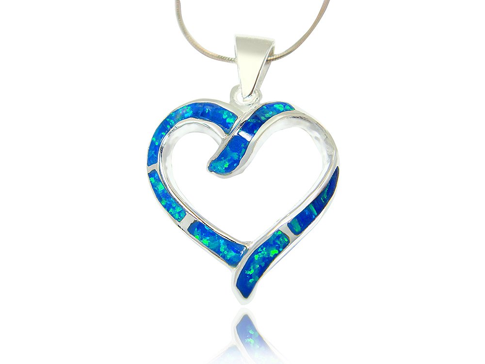925 Sterling Silver Hawaiian Blue Fire Inlay Opal Love Heart Charm Big Pendant