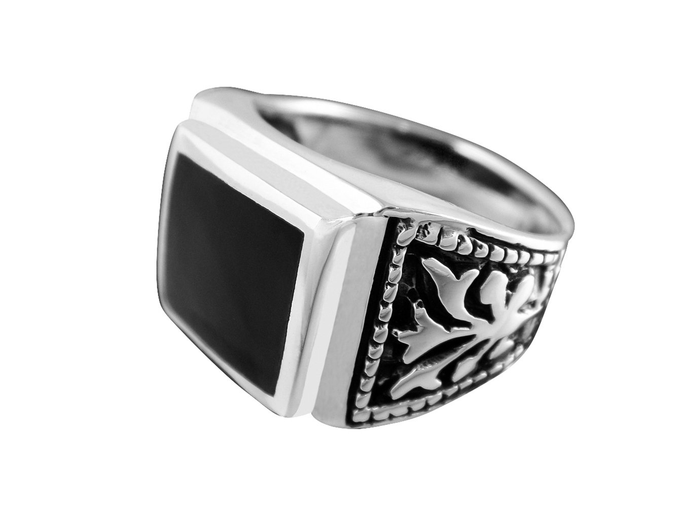 925 Sterling Silver Mens Black Onyx Celtic Irish Engraved Sides Ring