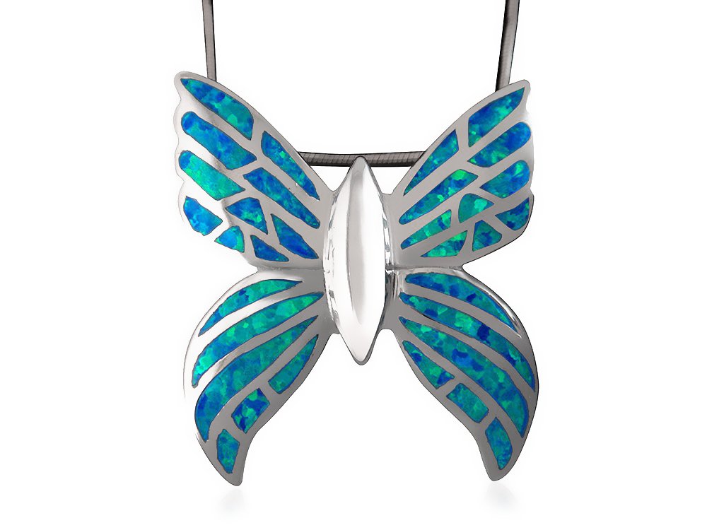 925 Sterling Silver Hawaiian Blue Inlay Fire Opal Butterfly Monark Big Charm Pendant 9gr