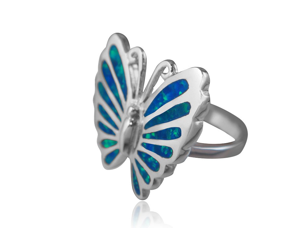 925 Sterling Silver Hawaiian Blue Fire Inlay Opal Lovely Butterfly Ring
