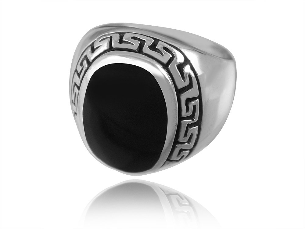 925 Sterling Silver Men's Oval Black Onyx Engraved Greek Key Meander Thick Ring