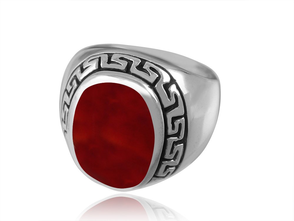 925 Sterling Silver Men's Oval Carnelian Engraved Greek Key Meander Thick Ring
