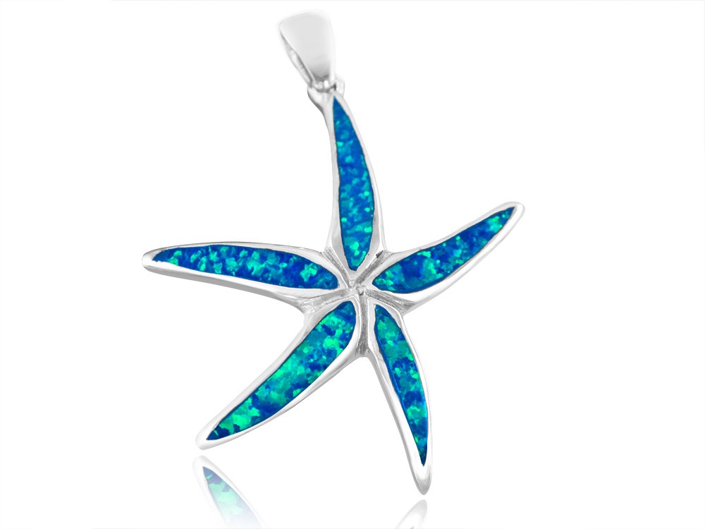 925 Sterling Silver Hawaiian Blue Inlay Opal Starfish Sea Big Charm Pendant