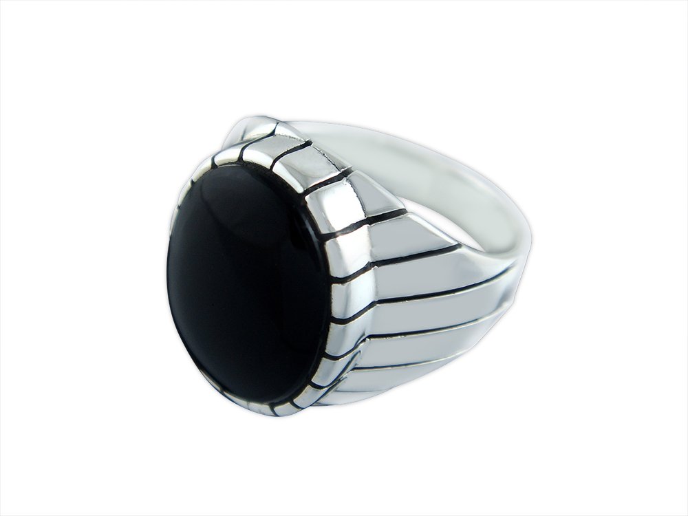925 Sterling Silver Mens Oval Black Onyx Engraved Sides Classic Ring