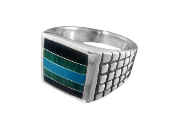 925 Sterling Silver Mens Onyx Malachite Turquoise Stone Set Inlay Band Ring