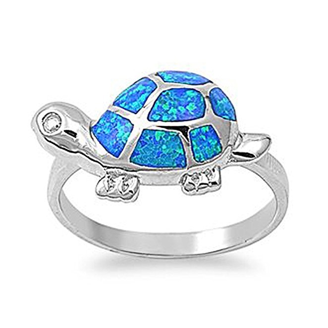 925 Sterling Silver Hawaiian Blue Fire Inlay Opal Lucky Turtle Ring
