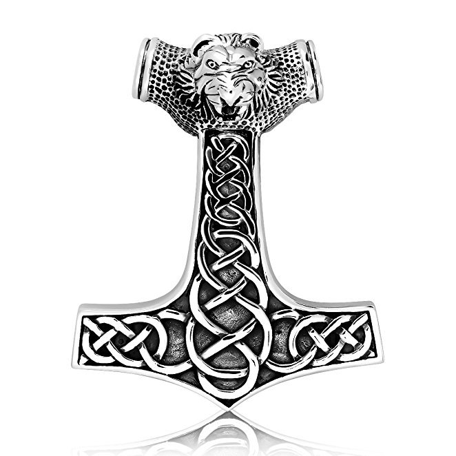 925 Sterling Silver Viking Thor Hammer Mjölnir Mjolnir Lion Head Norse Amulet Pendant