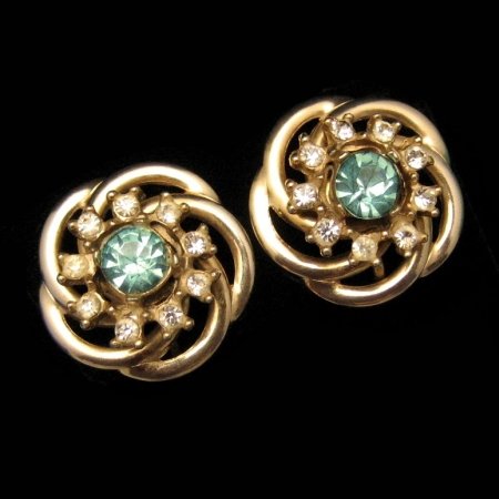 Vintage Jewelry 1950s Aqua Rhinestone Flower Earrings