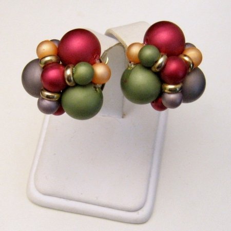 Vintage Chunky Earrings Large Beads Red Green Purple Orange