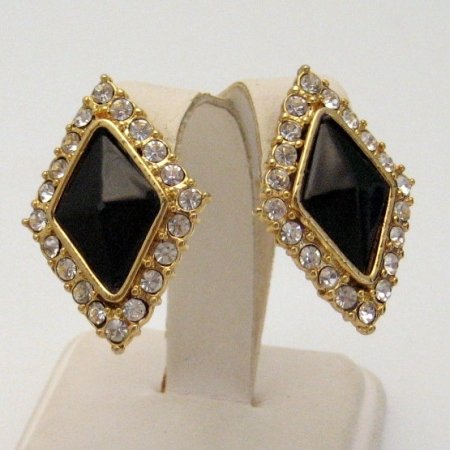 Vintage Post Earrings Large Faux Onyx Cabs Rhinestones