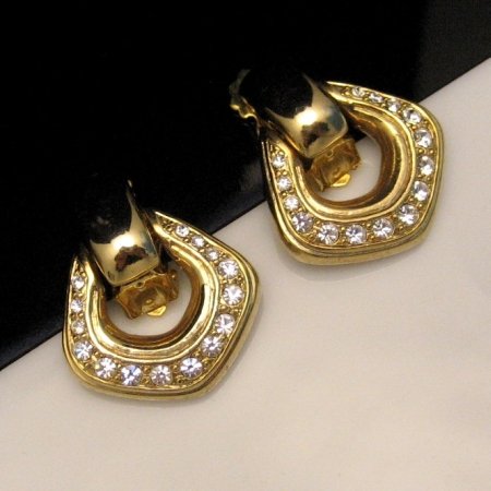 Vintage Rhinestone Clip Earrings Goldtone Door Knockers