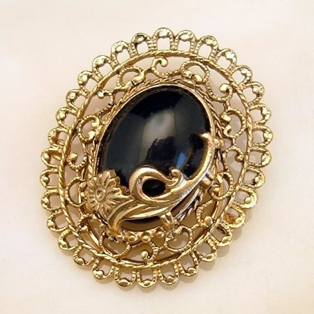 Vintage Scarf Dress Clip Goldtone Flowers Large Black Stone Nouveau Style