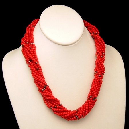 Vintage Chunky Torsade Necklace Multi Strand Red Seed Beads