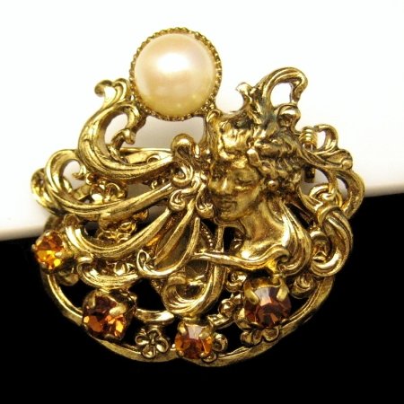 Vintage Brooch Pin Large Lady Faux Pearl Brown Rhinestones