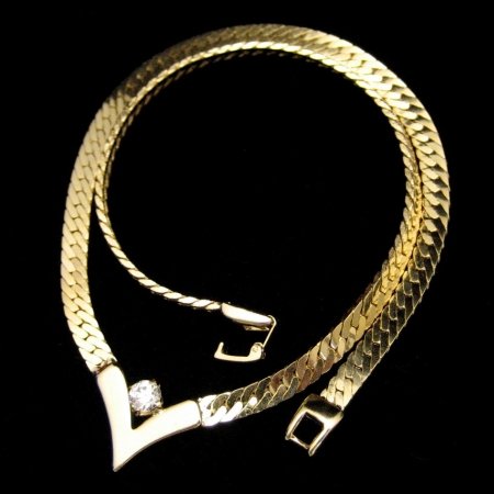 Vintage Necklace Herringbone Chain V Style Rhinestones