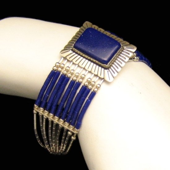 Vintage Signed 925 Sterling Silver Bracelet Wide Blue Beads