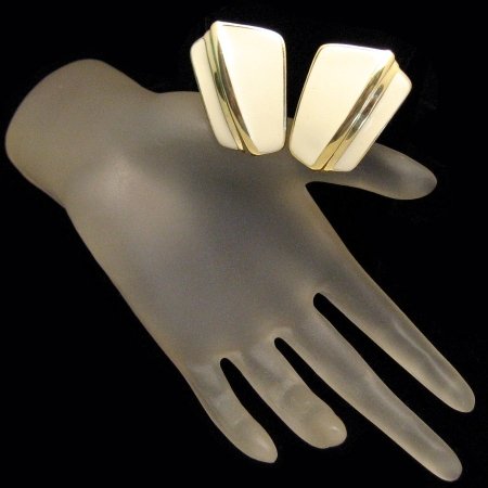 Signed TRIFARI Vintage Earrings Enamel Shield Beige Cream White