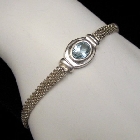 ITALY 925 Vintage Sterling Silver Mesh Bracelet Blue Topaz