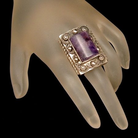 Vintage Large Ring Etruscan Style Purple Stone Adjustable
