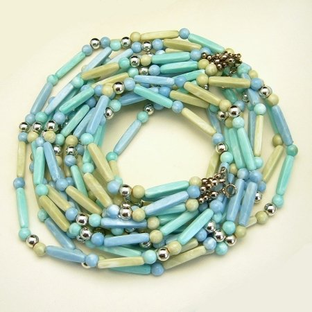 Vintage Long 30 Inches Chunky Necklace 5 Multi Strands Blue Green Beads