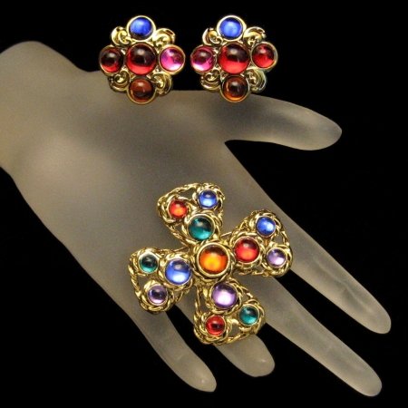 Vintage Maltese Cross Brooch Pin Earrings Red Blue Jewels