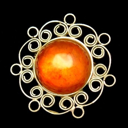 Vintage Filigree Wire Work Brooch Pin Large Amber Stone
