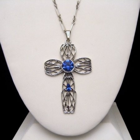 Vintage Cross Necklace Large Filigree Blue Rhinestones