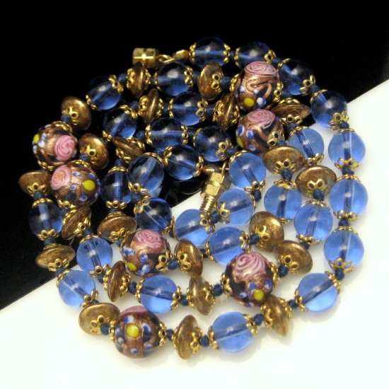 Vintage Necklace Blue Glass Saucer Pink Wedding Cake Beads