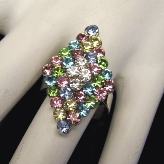 Vintage Rhinestones Cocktail Ring Mid Century Large Blue Purple Pink Sz 6.5