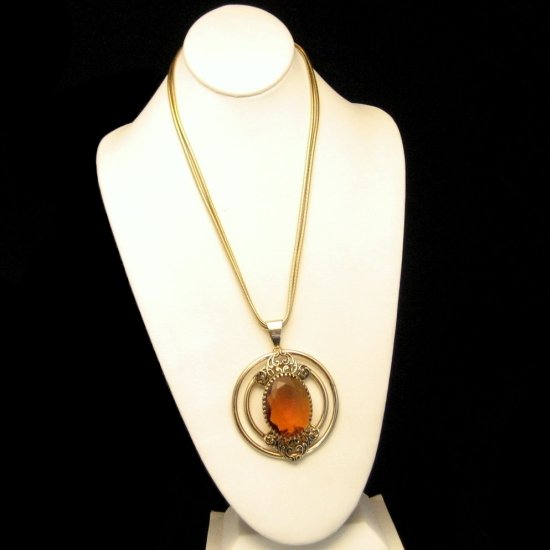Vintage Chain Necklace Large Topaz Glass Stone Pendant