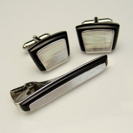 Vintage Cuff Links Tie Clasp Set Scored Silvertone Black