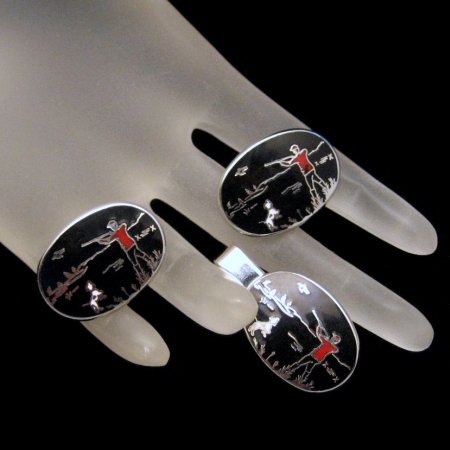 Vintage Cuff Links Tie Clasp Black Red Enamel Duck Hunting Scene