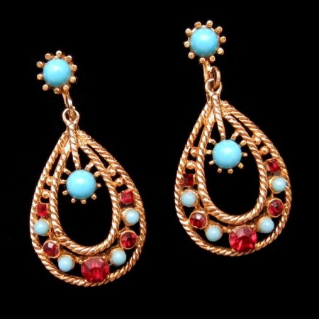 Vintage Clip Earrings Large Open Dangles Red Rhinestones