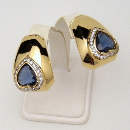NINA RICCI Vtg Earrings Blue Crystal Hearts Rhinestones