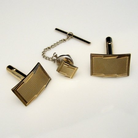 ANSON Vintage Cuff Links Tie Tac Set Textured Goldtone