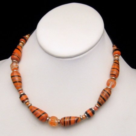 Vintage Necklace Chunky Art Glass Beads Orange Black Stripe