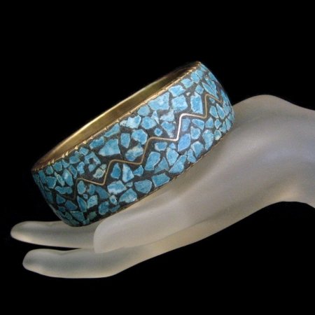 INDIA Vintage Wide Bangle Bracelet Brass Turquoise Mosaic