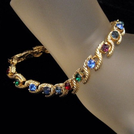 Vintage Link Bracelet Red Blue Green Purple Rhinestones
